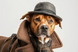 Happy Dog wearing Detective costumes, studio lighting, isolated on white background, stock photographic style photo