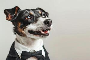Happy Dog wearing Businessperson costumes, studio lighting, isolated on white background, stock photographic style photo
