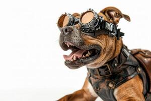 Happy Dog wearing Cyberpunk costumes, studio lighting, isolated on white background, stock photographic style photo