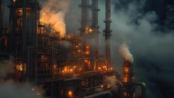 A wideangle shot of an oil refinery with extensive pipe networks photo