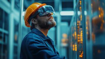 A technician using augmented reality glasses to diagnose machinery in a hightech lab photo