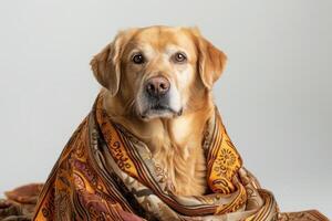 Happy Dog wearing Ancient Greek costumes, studio lighting, isolated on white background, stock photographic style photo