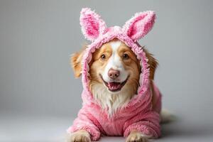 Happy Dog wearing Easter Bunny costumes, studio lighting, isolated on white background, stock photographic style photo