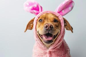 Happy Dog wearing Easter Bunny costumes, studio lighting, isolated on white background, stock photographic style photo