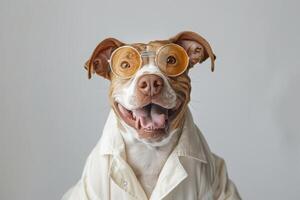 Happy Dog wearing Scientist costumes, studio lighting, isolated on white background, stock photographic style photo