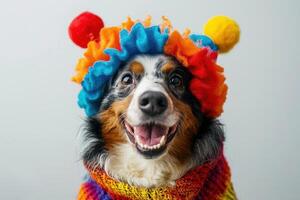 Happy Dog wearing Clown costumes, studio lighting, isolated on white background, stock photographic style photo