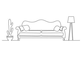 Digital illustration of continuous one line drawing couch or sofa with lamp and potted plant modern furniture vector
