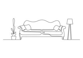 Single continuous line drawing of couch or sofa with lamp and potted plant modern furniture vector