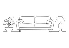 Continuous one line drawing of couch or sofa with lamp and potted plant modern furniture vector