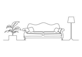 Continuous single line drawing of couch or sofa with lamp and potted plant modern furniture vector
