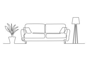 Pro illustration of one line drawing of couch or sofa with lamp and potted plant modern furniture vector