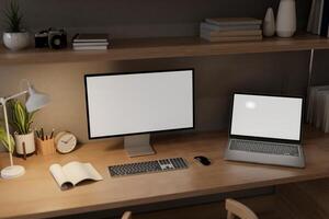 A home workspace at night features a computer and a laptop mockups on a wooden table. photo