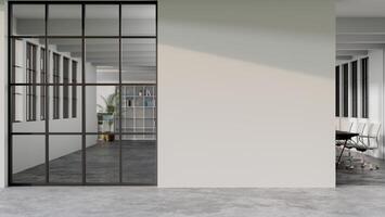 A modern office corridor hallway features a glass partition wall and a empty white wall. photo
