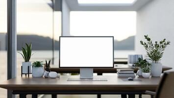 A computer desk in a modern office surrounded by large windows with a lake view, a computer mockup photo