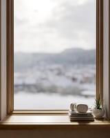 A front view image of a copy space on a wooden window sill or window board with a lake view. photo