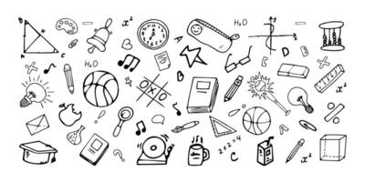 Set black Doodle Modern Student icons on white background. Seamless pattern Back to School. Hand drawn illustration, book, clock, cube, light bulb, basketball, book, pen, notes, brush. vector