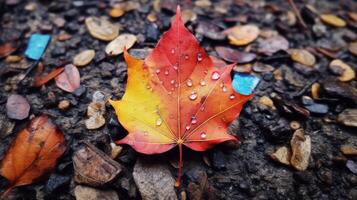 Autumn Leaf with Dew Drops on a Gravel Path photo