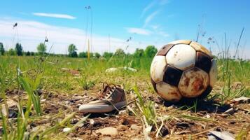 A Worn Soccer Ball and Shoe Abandoned in a Field photo