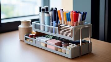 Organized Workspace Office Supplies in a Two-Tiered Organizer photo