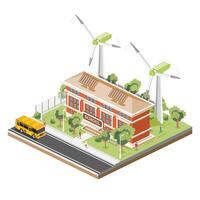 Isometric School Building with Solar Panels and Wind Turbine Isolated on White Background. Trees and Road. Man Goes to the School. Ecology Concept. vector