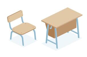 Isometric school desk table and chair. Objects isolated on white background. Classroom. vector