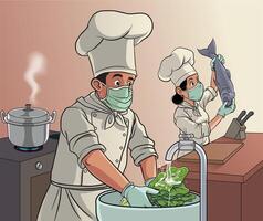 illustration of chef preparing for meals in hygiene ways vector