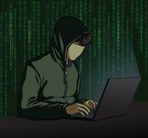 Illustration of hacker on laptop and binary code background vector