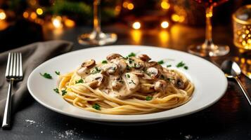 Creamy mushroom pasta served on a festive table, perfect for a delicious dinner or special occasion. photo