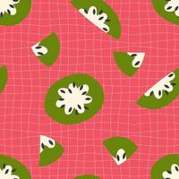 Groovy style kiwi pieces seamless pattern on grid distorted background. Hippie aesthetic print for fabric, paper, textile. Hand drawn geometric illustration. vector