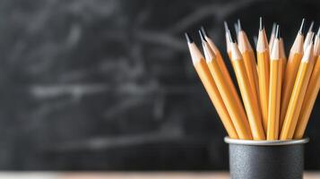 A collection of sharpened yellow pencils in a black holder against a dark chalkboard background, ideal for educational themes. photo