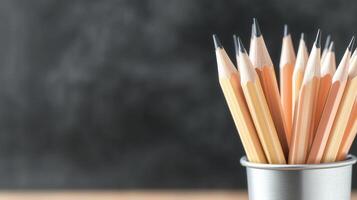 A collection of sharpened pencils arranged in a metallic cup on a neutral background, ideal for educational and creative projects. photo