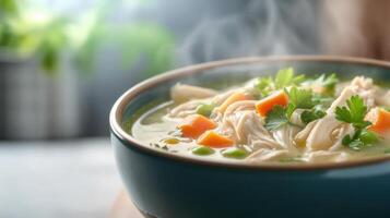 A steaming bowl of chicken soup with fresh vegetables, perfect for a cozy meal on a chilly day, garnished with herbs. photo