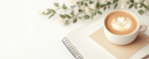 A cozy coffee cup with latte art, surrounded by fresh flowers and a notebook set on a clean surface, perfect for a warm ambiance. photo