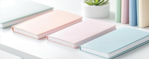A collection of pastel-colored notebooks arranged neatly, ideal for school, office, or creative projects. photo