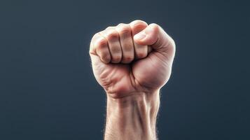 A powerful clenched fist symbolizing strength, determination, and unity against a blurred background. photo