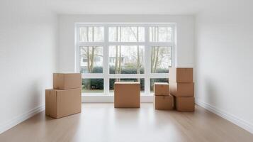 A spacious room with cardboard boxes arranged near a large window, ideal for moving, delivery, or storage concepts. photo