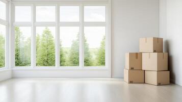 A bright, empty room with large windows showcasing a view of greenery and stacked cardboard boxes in the corner, ready for moving. photo