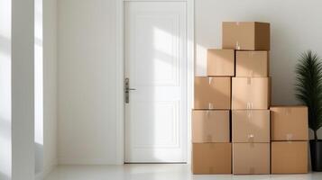 Minimalist interior featuring stacked boxes near a white door, creating a clean and organized space ideal for moving or storage. photo