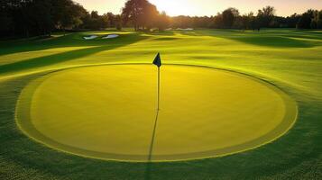 A serene golf course scene featuring a green putting surface with a flag against a backdrop of a vibrant sunset. photo