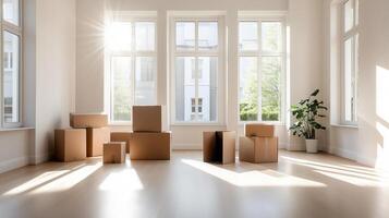 Bright, empty room with sunlight streaming through windows, showcasing cardboard boxes and a green plant, ideal for moving concepts. photo