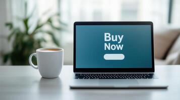 A modern laptop displaying a 'Buy Now' button beside a coffee cup, symbolizing online shopping and digital convenience. photo