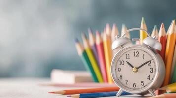 A silver alarm clock stands in front of colorful pencils, symbolizing time management and creativity in a vibrant study space. photo