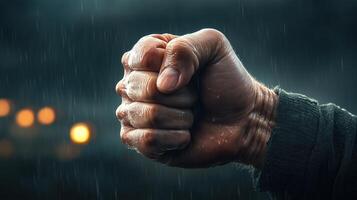 A clenched fist in the rain symbolizes strength, determination, and resilience against adversity in a moody atmosphere. photo
