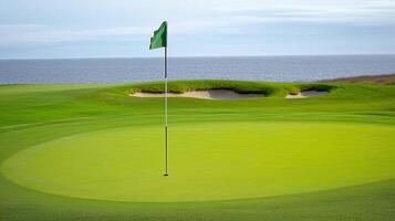 A serene golf course view with a green flag signaling the hole, complemented by a calm ocean panorama in the background. photo