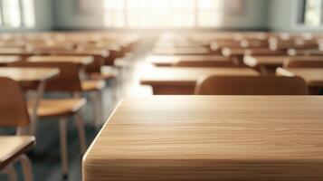 A serene classroom scene capturing empty wooden desks bathed in natural light, ideal for educational themes. photo