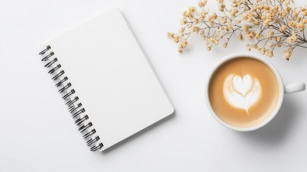 A cozy workspace featuring a blank notebook, a cup of coffee with heart latte art, and dried flowers on a clean background. photo