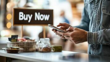 A person using a smartphone with a 'Buy Now' sign in a vibrant marketplace, capturing the essence of modern shopping. photo