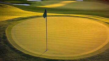 A serene golf course scene featuring a pristine putting green and a flag, illuminated by soft golden light during sunset. photo
