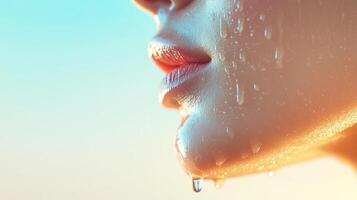 A close-up of a woman's face with water droplets glistening on her skin, capturing beauty and freshness in a serene setting. photo