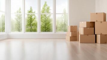 Bright interior with stacked boxes by large windows, offering a serene view of green trees outside. Ideal for relocation themes. photo